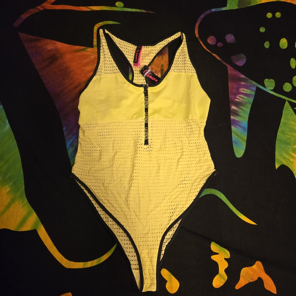 La SENZA Yellow and Black Perforated Bodysuit